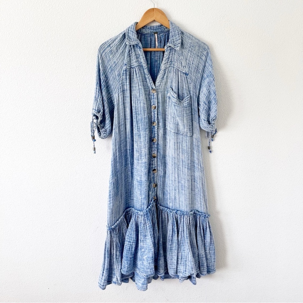 Free People Maya Blue Midi Shirt Dress Boho Oversized Button Down V-Neck - Picture 2 of 9